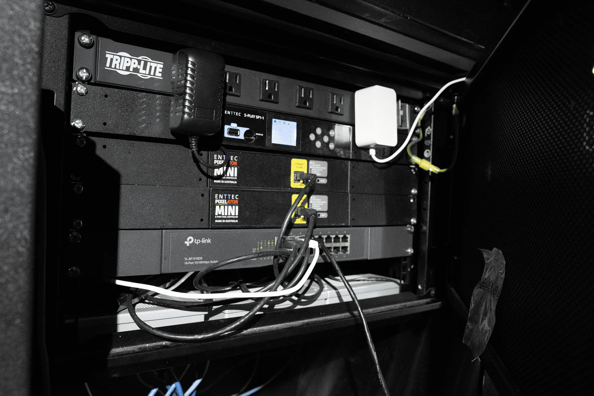 The control rack with power distribution, network switch and pixel converter