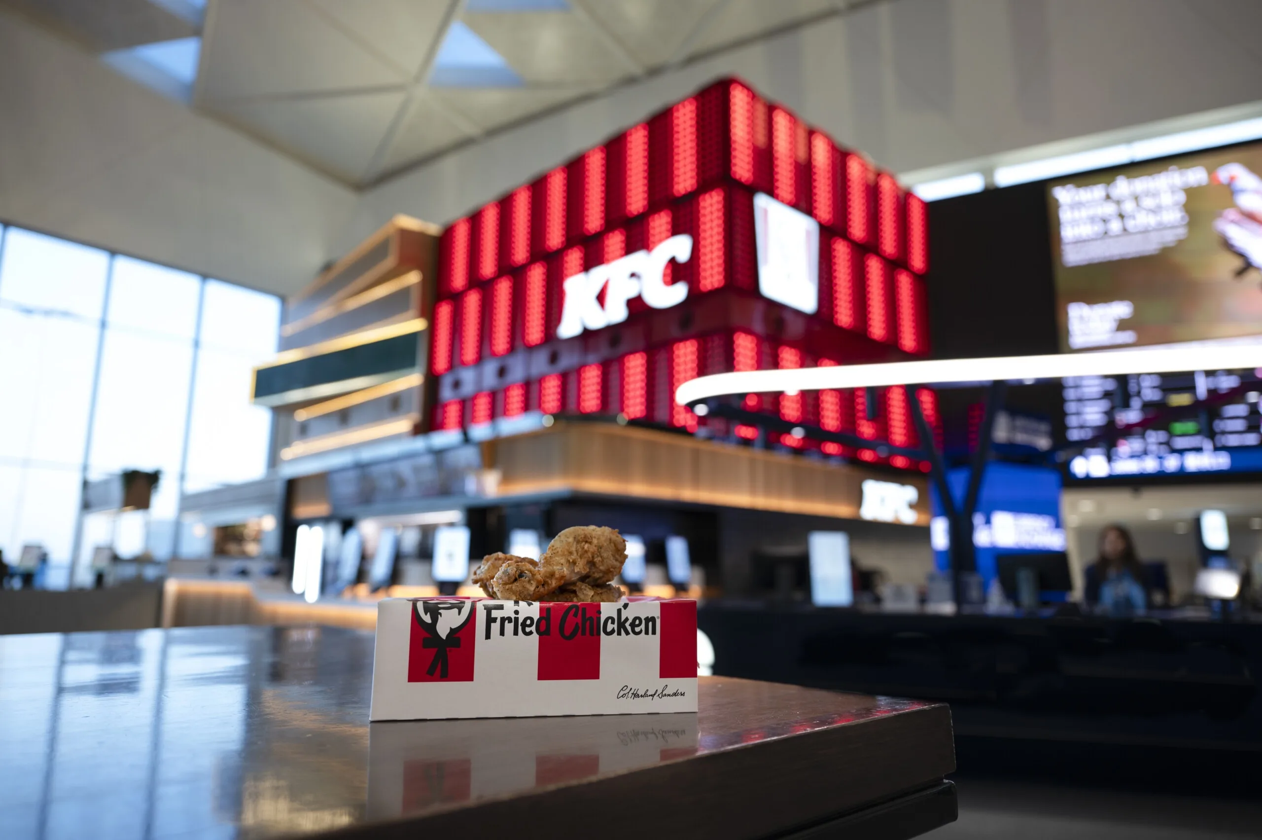 前景是柜台台面上的 KFC 全家桶，身后是红色像素点灯盒与菜单屏