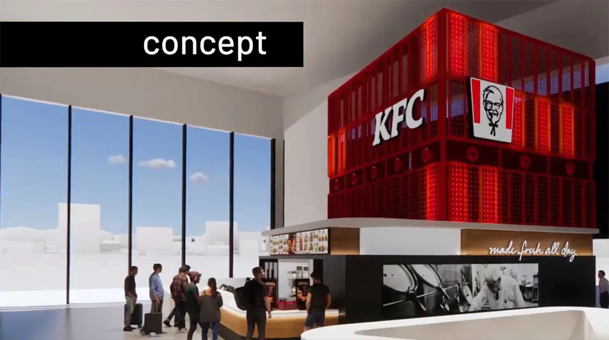 门店的早期概念效果图，红色像素点灯盒悬在柜台上方，顾客正在排队，玻璃外是开阔的天空