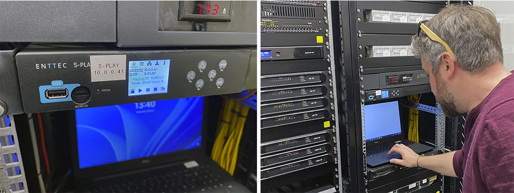 两张画面：ENTTEC S-PLAY 前面板显示 IP 地址与当前播放内容，以及一位工程师在设备机柜前作业