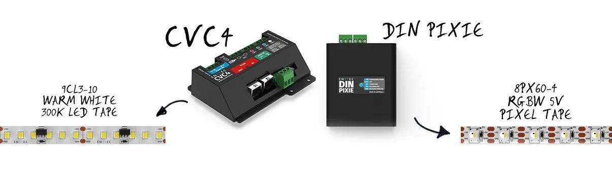 两路信号示意图：一台 CVC4 驱动暖白 LED 灯带，一台 DIN Pixie 驱动 RGBW 像素灯带